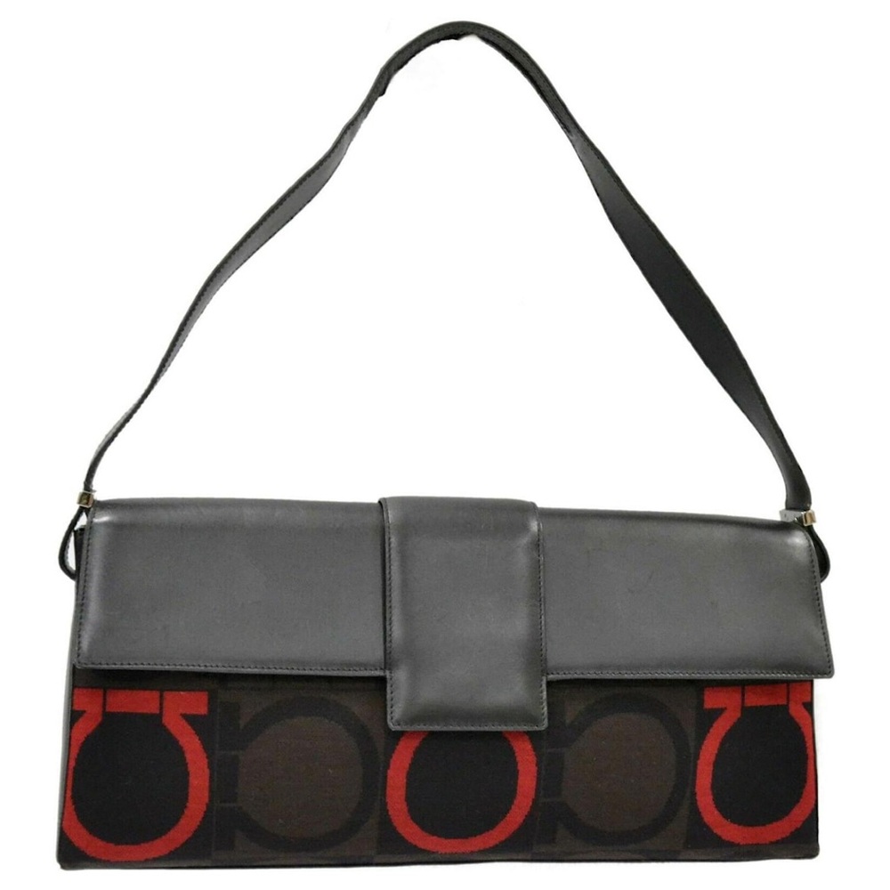 Salvatore Ferragamo Black Leather & Brown Canvas Shoulder Bag with Red Accent